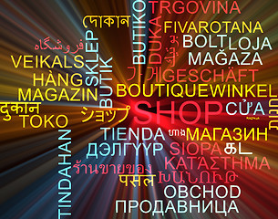 Image showing Shop multilanguage wordcloud background concept glowing