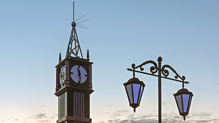 Image showing Clock tower on white night sky background