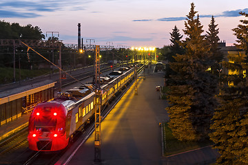 Image showing Train on railway station at night