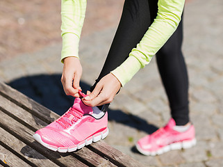 Image showing runner woman lacing trainers shoes