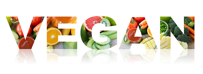 Image showing vegan word of fruits and vegetables background