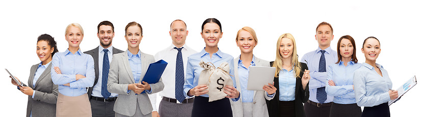 Image showing group of happy businesspeople with money bags