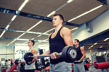 Image showing group of men flexing muscles with barbell in gym