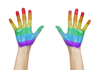 Image showing palms of human hands painted in rainbow colours