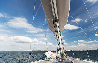 Image showing close up of sailboat mast or yacht sailing on sea