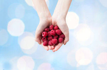 Image showing close up of woman hands holding raspberries