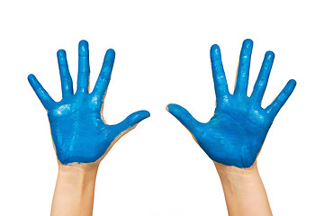 Image showing human hands painted with blue color