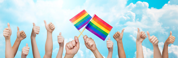 Image showing hands showing thumbs up and holding rainbow flags