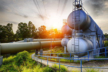 Image showing Glow light of petrochemical industry on sunset.