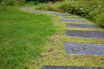 Image showing Pathway of stone bricks in a grass field