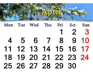 Image showing calendar for April 2016 with bird cherry tree