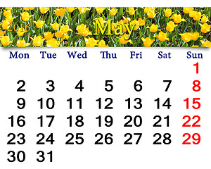 Image showing calendar for May 2016 with yellow tulips