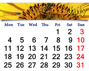 Image showing calendar for July 2016 with yellow fly on the sunflower