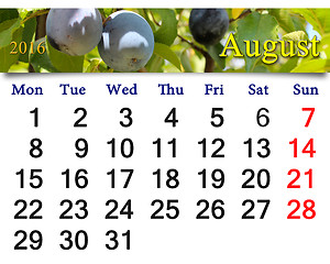 Image showing calendar for August 2016 with ripes plums