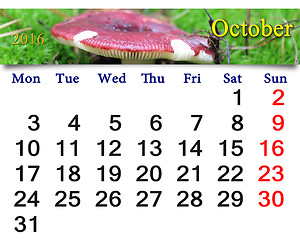 Image showing calendar for October 2016 with mushroom russula