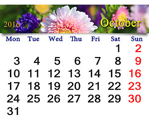 Image showing calendar for October 2016 with the pink asters