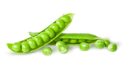 Image showing Two disclosed pea pods and peas