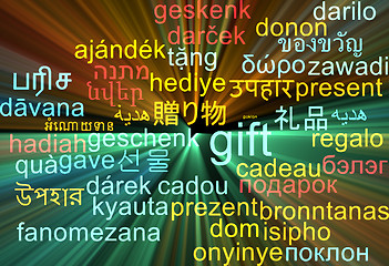 Image showing Gift multilanguage wordcloud background concept glowing