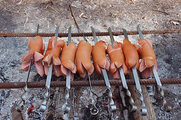 Image showing sausage roasting on the fire