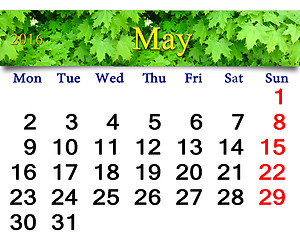 Image showing calendar for May 2016 with image of maple