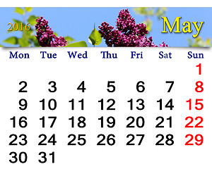 Image showing calendar for May of 2016 with lilac