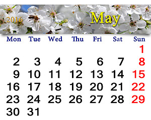 Image showing calendar for May 2016 with blooming cherry