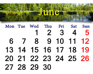 Image showing calendar for June 2016 with image of forest lake