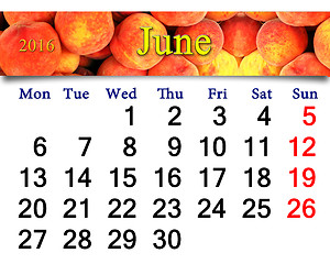 Image showing calendar for June 2016 with bright tasty peaches