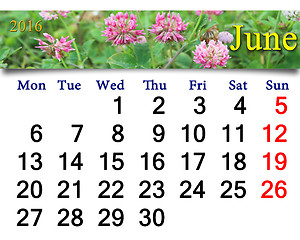 Image showing calendar for June 2016 with flowers of clover