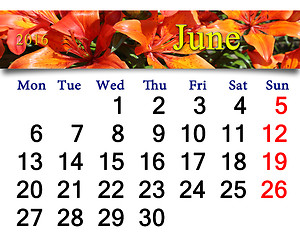 Image showing calendar for June 2016 on the background of red lilies