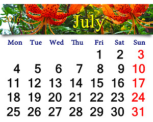 Image showing calendar for July 2016 on the background of red lilies