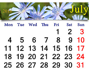 Image showing calendar for July 2016 year with flowers of Cichorium