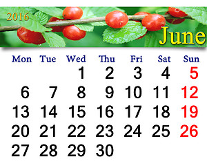 Image showing calendar for June 2016 with red berries of Prunus tomentosa