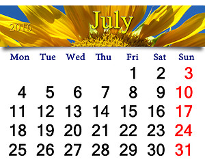 Image showing calendar for July 2016 with yellow sunflowers