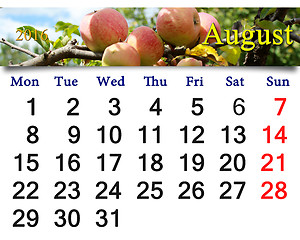 Image showing calendar for August 2016 year with apples