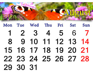 Image showing calendar for August 2016 with butterfly of peacock eye