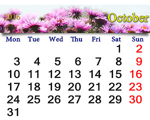 Image showing calendar for October 2016 with the pink asters