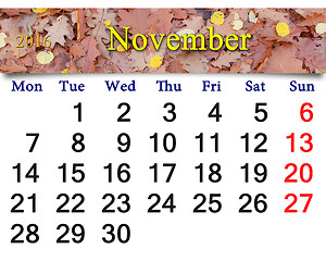 Image showing calendar for November 2016 with the red autumn leaves