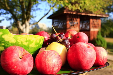 Image showing red apples on the arbor background
