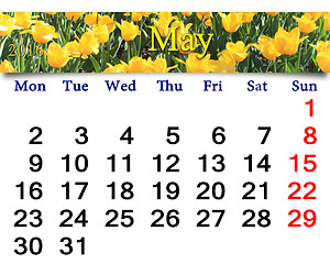 Image showing calendar for May 2016 with tulips on the flower-bed