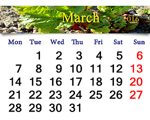 Image showing calendar for March 2016 with rhubarb