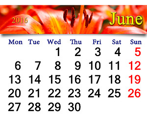 Image showing calendar for June 2016 with red lilies