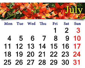 Image showing calendar for July 2016 with red lilies