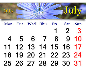 Image showing calendar for July 2016 with flowers of Cichorium