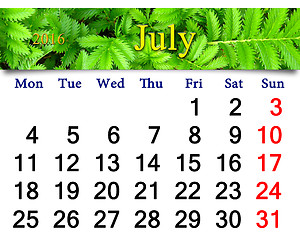 Image showing calendar for July 2016 with image of green plant