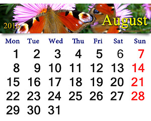 Image showing calendar for August 2016 with butterfly of peacock eye