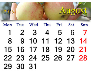 Image showing calendar for August 2016 year with apples