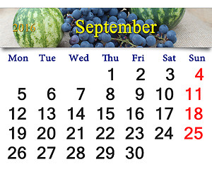 Image showing calendar for September 2016 with the grapes