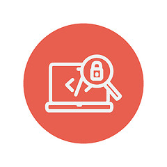 Image showing Laptop and magnifying glass looking for security lock thin line icon