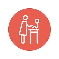 Image showing Mother taking care of her baby sitting on high chair thin line icon